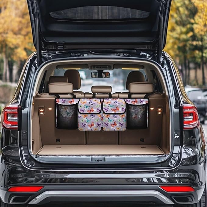 Colorful Butterfly Car Trunk Organizer Hanging Multipurpose Auto Backseat Storage Bag Universal Automotive Interior Accessories with 4 Pockets 3 Adjustable Straps