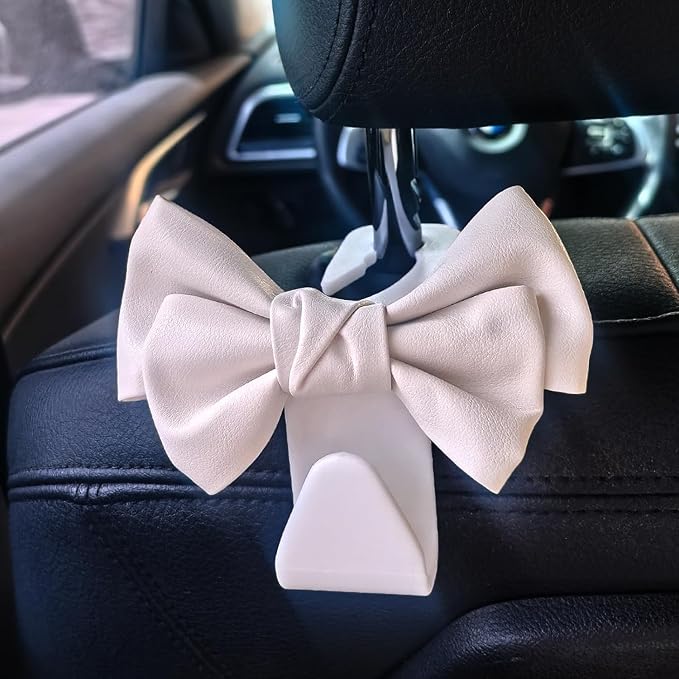 Joyhey 2 Pcs Car Seat Headrest Hooks, Cute Bow Car Seat Hooks for Purses and Bags (White)