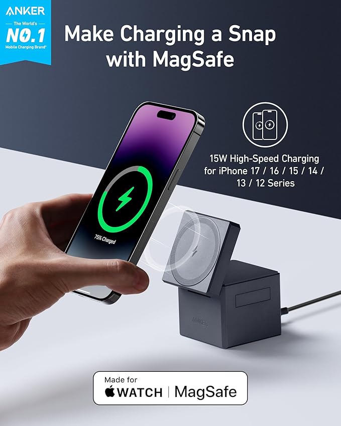 Anker MagSafe Charger Stand, iPhone 17 Wireless Charger, 3-in-1 Cube with MagSafe, 15W Foldable Fast Charging Stand, for iPhone 17/16/15, Apple Watch 1-8/Ultra, AirPods (30W USB-C Charger Included)