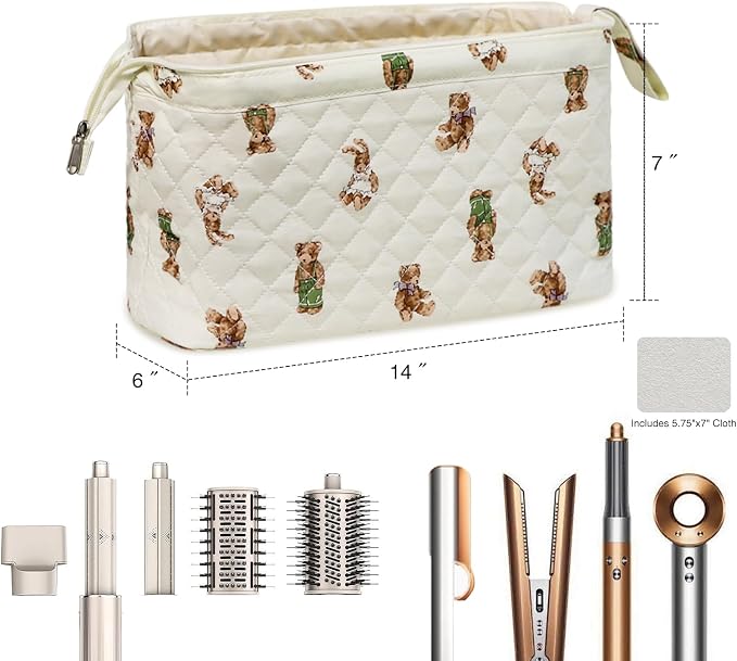 Stratalife Quilted Hair Tools Travel Bag with Polishing Cloth Compatible with Dyson Airwrap Shark Flex Style, Portable Toiletry Bag Hair Dryer Curling Iron Carrying Case Travel Essentials Cream Bear