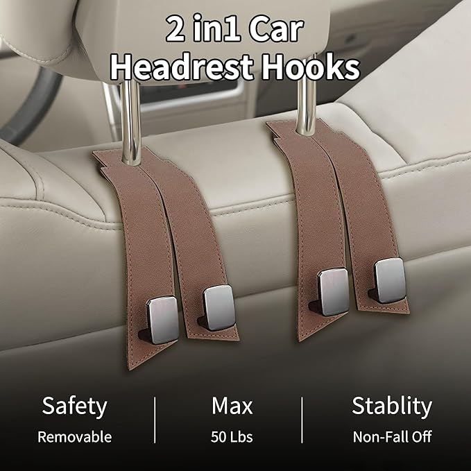 vidonio 2 Pack Double Car Seat Hooks for Headrest, Rotatable Purse Holder for Car, Premium Leather Seat Back Storage Hook for Purses, Handbags, Bags (Brown)
