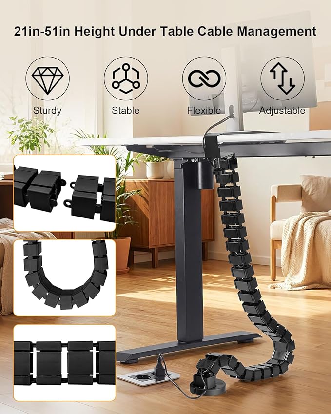 No Drill Clamp-On Under Desk Cable Management Kit, Adjustable Vertebrae Cord Organizer, Flexible Under Desk Wire Management for Standing Desk, Black