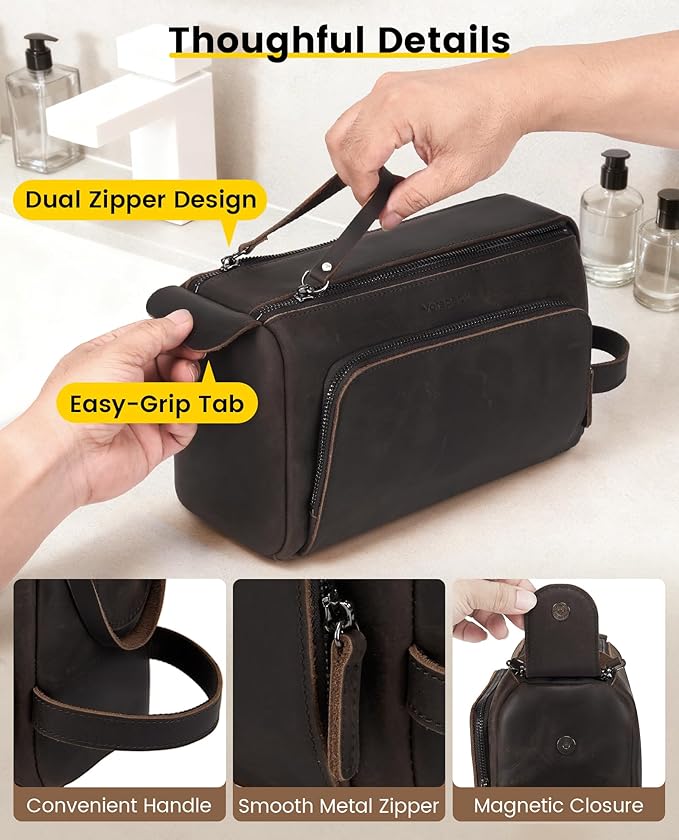 Vorspack Genuine Leather Toiletry Bag for Men - Water Resistant Travel Bag for Toiletries, Essentials, Accessories - Dark Brown