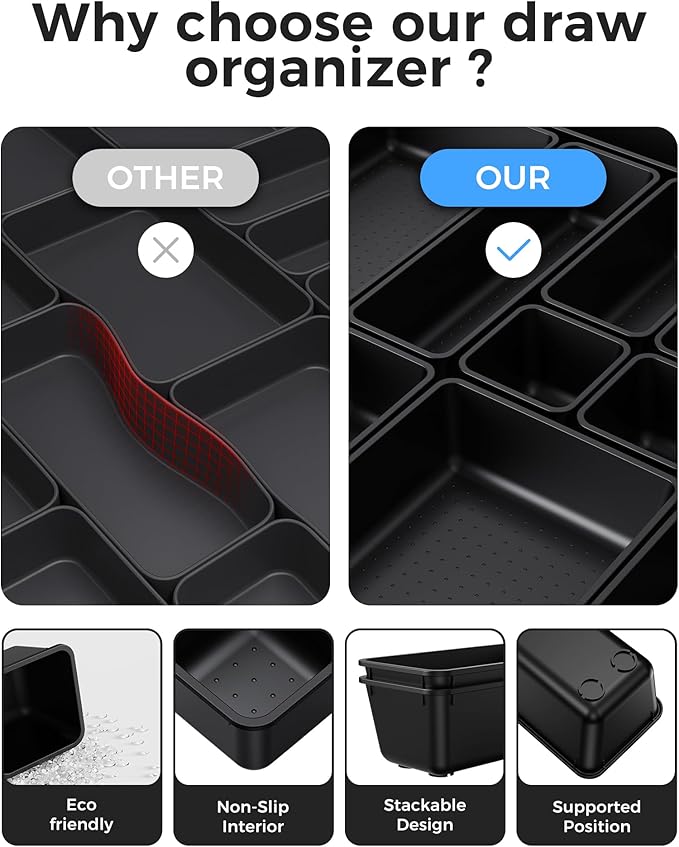 BiuLeon 25 PCS Plastic Drawer Organizers Set, 4-Sizes Vanity and Makeup Organizer, Desk and bathroom Drawer Organizer Trays, Organizers and Storage for Makeup, Jewelry, Gadgets, Utensils (Black)