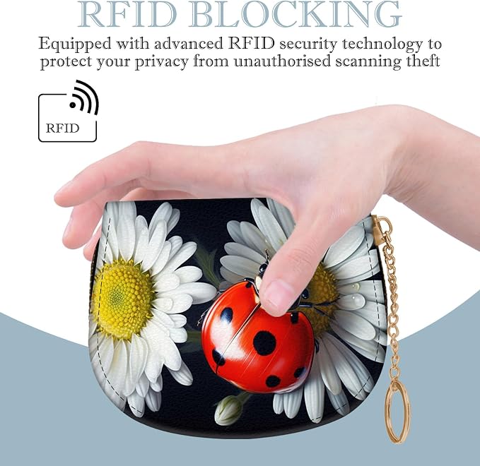 Women's Slim RFID Wallet – Compact Leather Card Holder Wallet for Women, 9 Card Slots RFID Blocking Credit Card Organizer, Small Travel Wallet - Ladybug on Daisy Flower