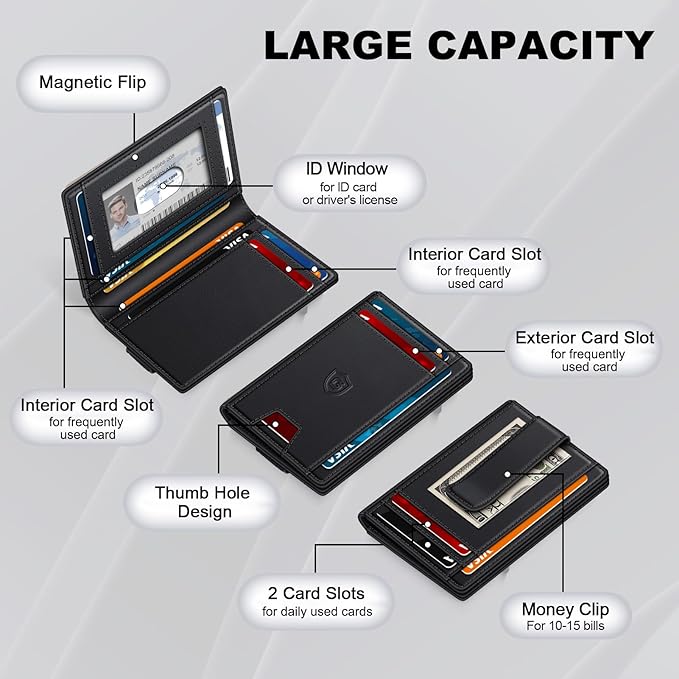 Wallet for Men 14-16 Cards, Minimalist Men Leather Wallet, Men's Front Pocket Bifold Wallets with Money Clip, Slim Thin Card Holder RFID Blocking Bill Folder & Magnetic Closure, Gifts for Men, Black