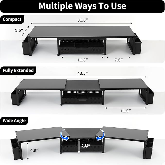 OPNICE Desk Organizers and Accessories, Dual Monitor Stand Riser with Drawer and 2 Pen Holders, Desk Shelf Wood Computer Racks for Office Workspace Organizers, Desktop Organization (Black Wood)