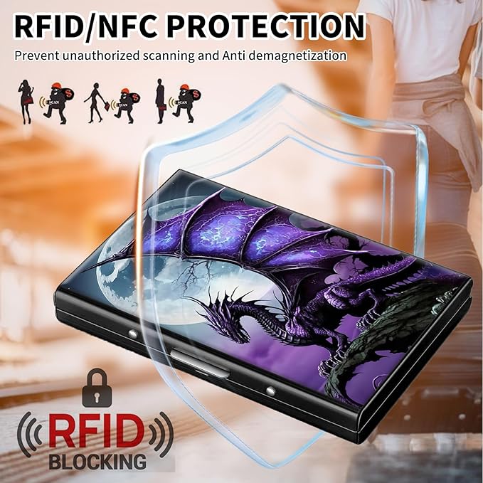 FUYOCWE RFID Credit Card Holder,Small Metal Credit Card Case Wallet,Slim Mini Business Card Holder Organizer Hard ID Case Security wallet for Men Women -Purple Arcient dragon