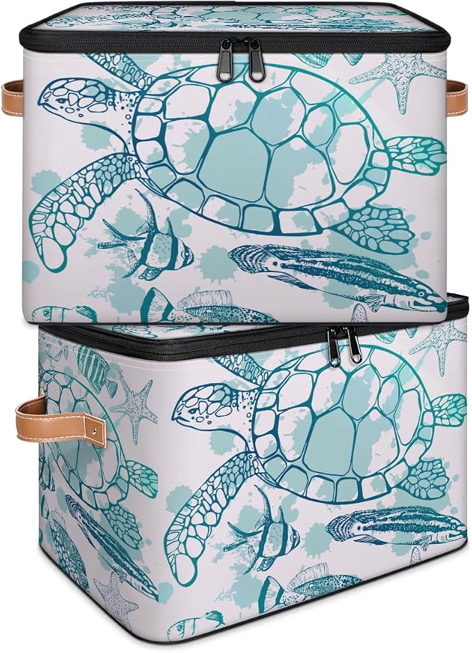 Sea Turtle Storage Basket for Bedroom Kitchen Bathroom Storage Bins with Lids Collapsible Toy Cube Storage Organizer for Kid Teen Women Men
