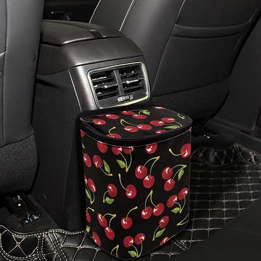 Talayituse Black Cherry Pattern Car Trash Can with Lid, Leak Proof Auto Trash Bag Hanging Vehicle Garbage Can Multipurpose Storage Container for Back Seat Road Trip
