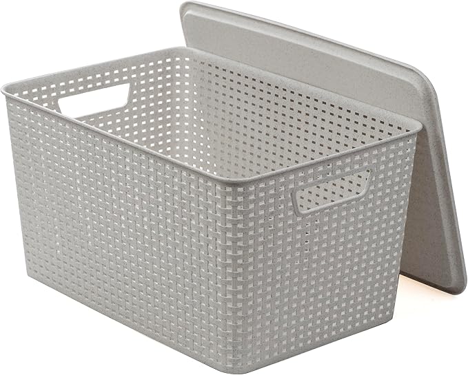 BINO | Plastic Storage Baskets with Lids, 22 Liter - 3 Pack, Natural Grey | THE WOVEN COLLECTION | Storage Basket for Shelves | Woven Storage Baskets for Organizing Bins | Pantry Shelf Organizer Bin