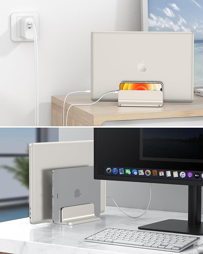 OMOTON Vertical Laptop Stand [Updated Double Version], Desktop Aluminum Mac Book Stand with Adjustable Dock Size, Fits All Mac Book, Surface, Chrome Book and Gaming Laptops (Up to 17.3") (Starlight)