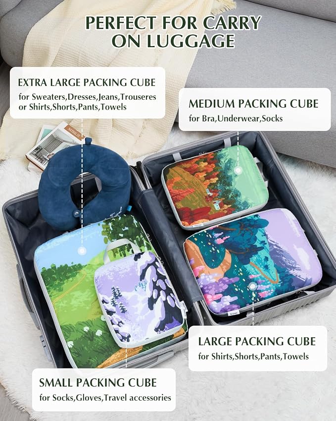 Gonex Compression Packing Cubes, 4pcs Expandable Storage Travel Luggage Bags Organizers, Travel Cubes for Suitcase Carry On (Seasons)
