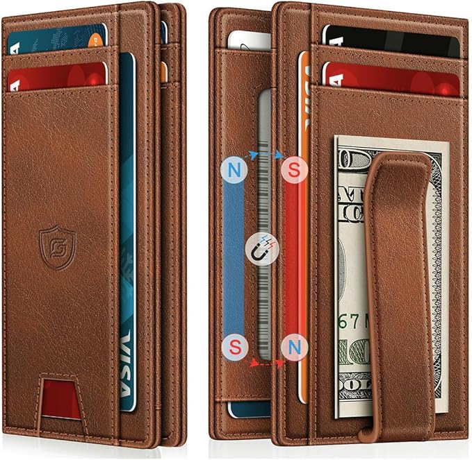 Wallet for Men 14-16 Cards, Men's Leather Wallet, Minimalist Thin Card Holder RFID Blocking Money Clip with Simplified Bill Folder & Magnetic Closure, Gifts for Men, Brown