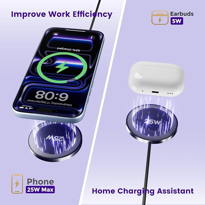25W Magnetic Wireless Charger: Fast Charging Pad for iPhone 17 16 15 14 13 12 Pro Max, Samsung Galaxy S26 S25, Google Pixel 10, AirPods-Slim Portable for Travel Bedside Office-Black 2 Pack