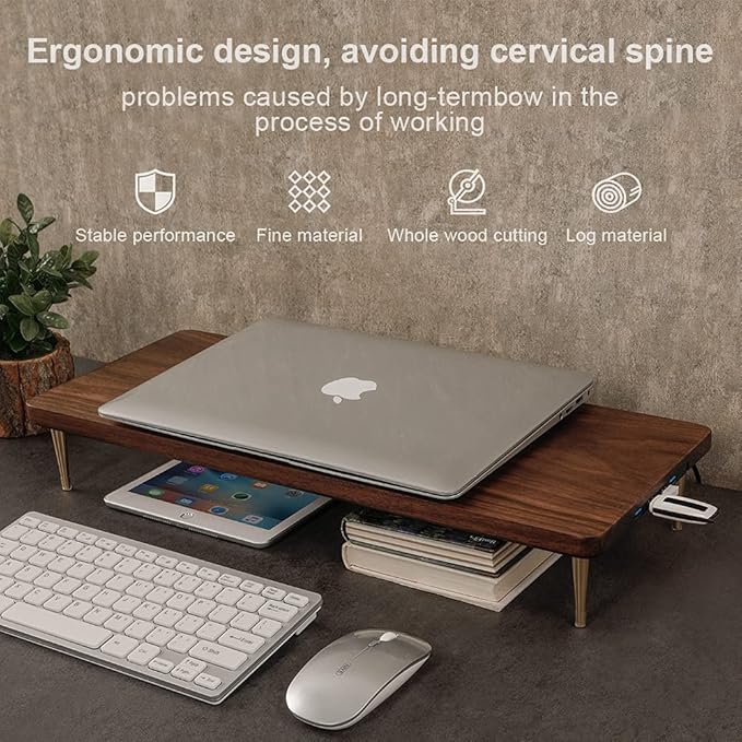 Monitor Stand with 4 USB Ports Walnut Wood Riser for iMac Laptop Computer Monitor ??A Sturdy Computer Stand to Elevate Your Screen and Reduce Eye Strain and Maintain Body Position