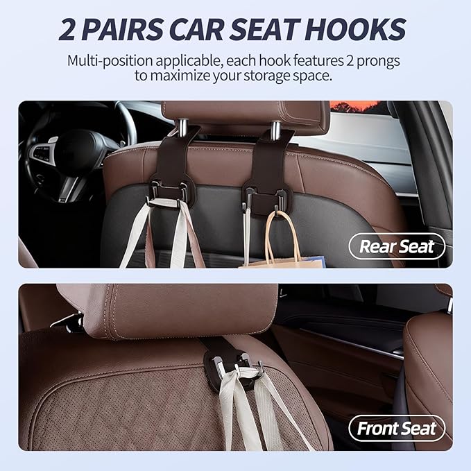 2 Packs Headrest Hooks for Car, Hidden Twinhook Leather & Metal Car Purse Holders, Universal Seat Back Storage Organizer Hanger for Purse Bag Handbags Phones, 2026 Car Seat Accessories (Brown)