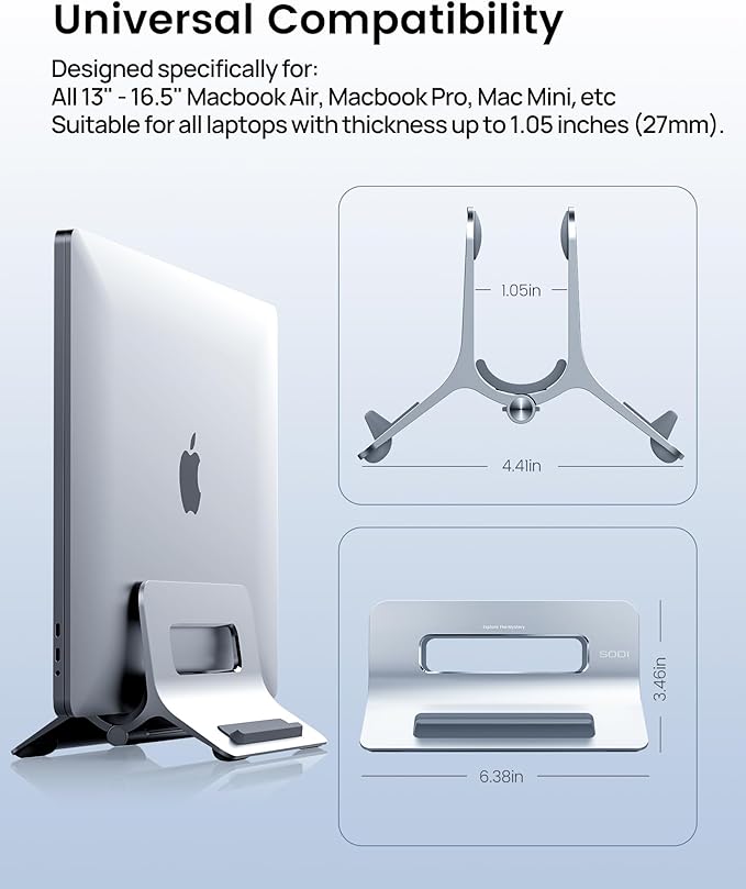 SODI Vertical Laptop Stand for Desk, Gravity Auto Lock Vertical MacBook Stand, Aluminum Laptop Vertical Dock Stand Holder Compatible with MacBook Pro, MacBook Air, Silver