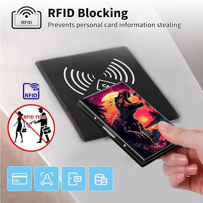 Metal Wallet,Credit Card Holder for Women Men,RFID Blocking Card Holder Wallet Mini Slim Aluminum Wallet ID Case Hard Card Case Business Card Holder Case,Dinosaur Sunset