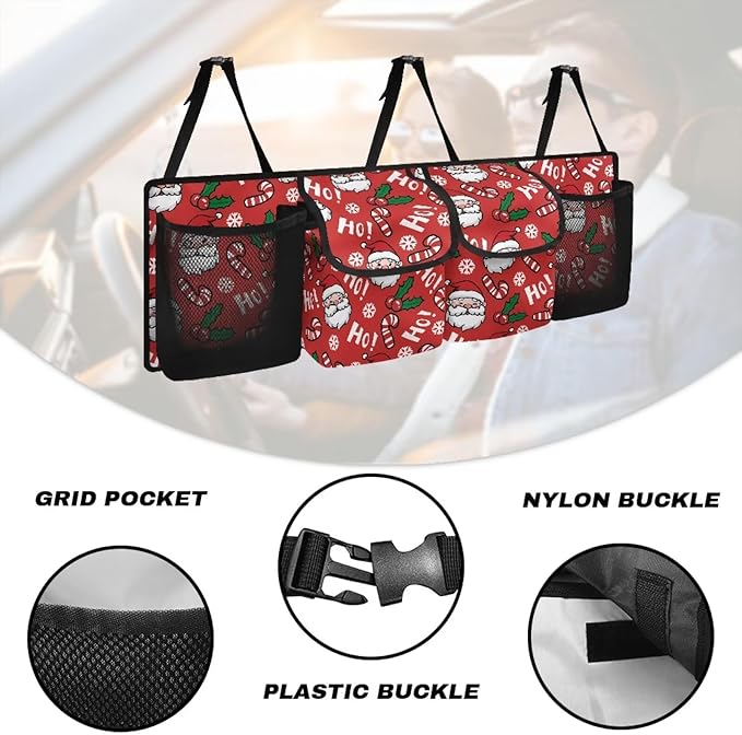 Hanging Car Trunk Organizer Red Christmas Collapsible Car Back Seat Storage Bag Auto Cargo Bags with 4 Large Pockets Universal Automotive Interior Accessories