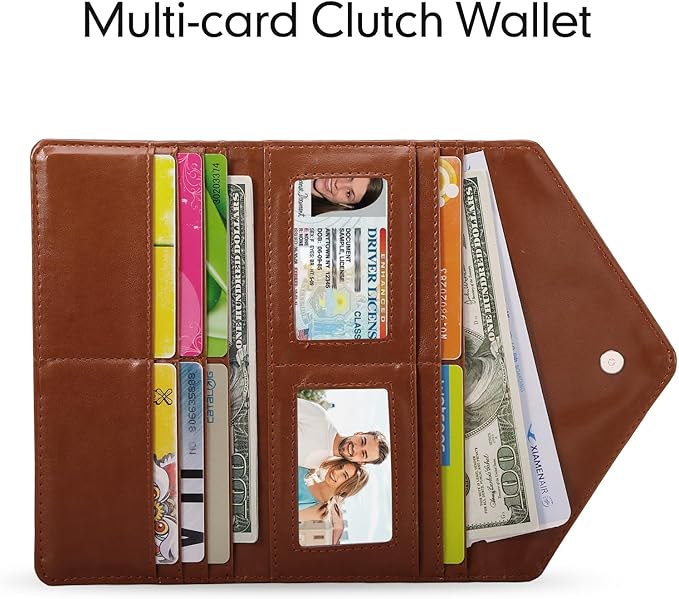 Leather Cash Envelope Wallet, RFID Blocking Card Organizer for Women, Reusable Coin Pouch, Coffee Brown