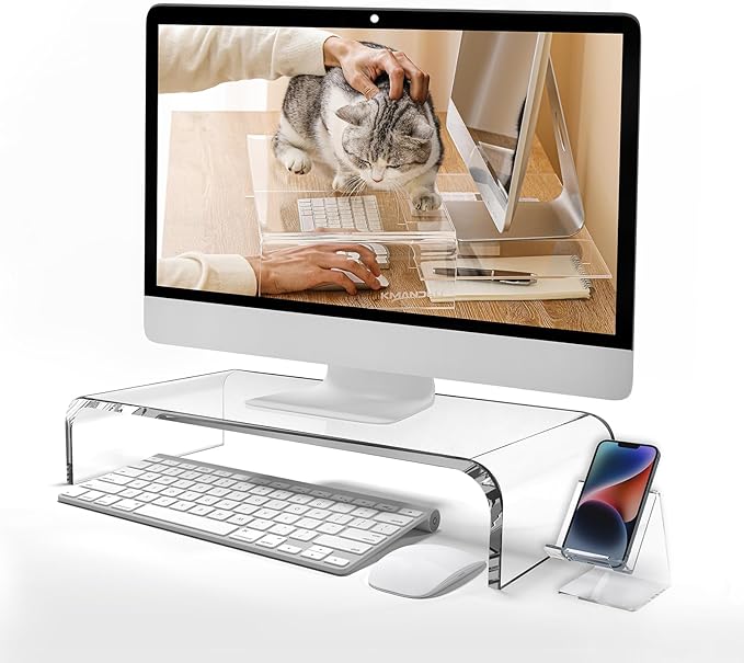Premium Acrylic Monitor Stand, Extra-Wide Clear Computer Riser 20"x10"x4" ??Laptop Stand, Desktop Organizer for Office & Home, TV, Printer, iMac, Laptop ??Bonus Acrylic Phone Holder