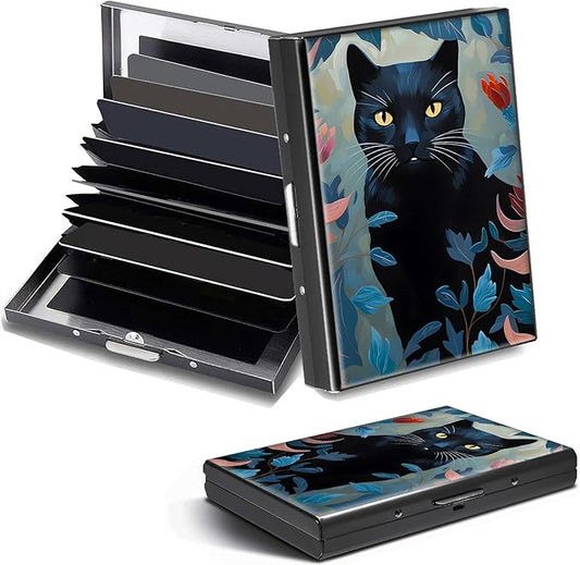 Credit Card Holder, Black Cat Art Design Mini RFID Blocking Aluminum Wallet Slim Metal Hard Case Shell Travel Wallet ID Case Small Credit Cards Case Business Cards for Women Men Girls