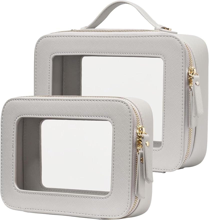 Popvibe Clear Makeup Case Set Toiletry Bag Travel Large Clear Cosmetic Bag with Zipper, Big Make Up Bag Organizer Women Traveling TSA Approved Transparent Bag Car for Essentials, Beige Grey