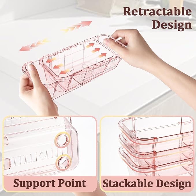 20 Pcs Adjustable Clear Drawer Organizer, Extendable Vanity Storage Bins, Desk Drawer Organizer Set for Makeup, Cosmetics, Bedroom, and Gadgets, Pink