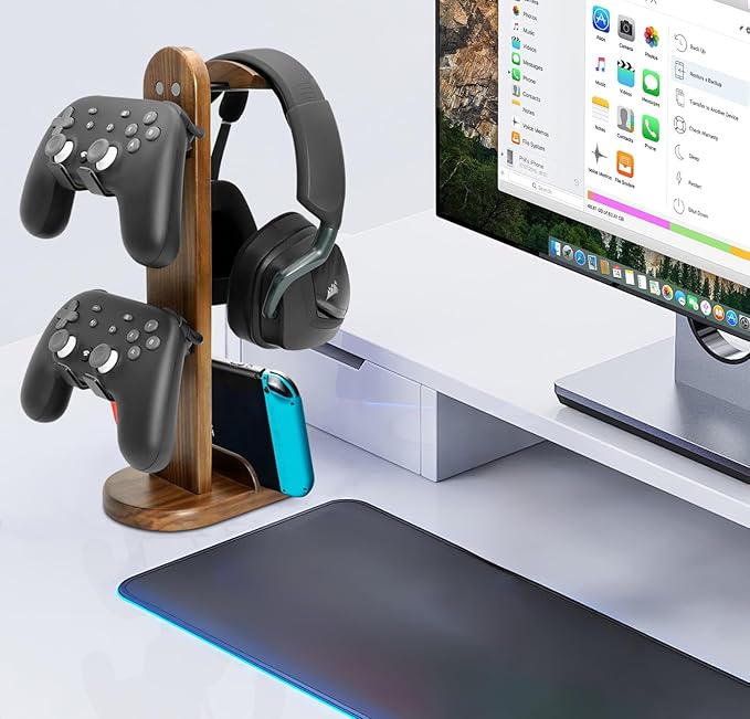Controller Holder with Headphone Stand - Wood Gaming Controller Stand for Xbox PS5 PS4 Switch Pro, PC Gaming Accessories - Present Idea for Husband, Boyfriend, Gamers, Game Lover, Game Room Decor