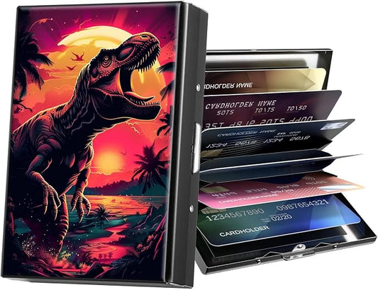 Metal Wallet,Credit Card Holder for Women Men,RFID Blocking Card Holder Wallet Mini Slim Aluminum Wallet ID Case Hard Card Case Business Card Holder Case,Dinosaur Sunset