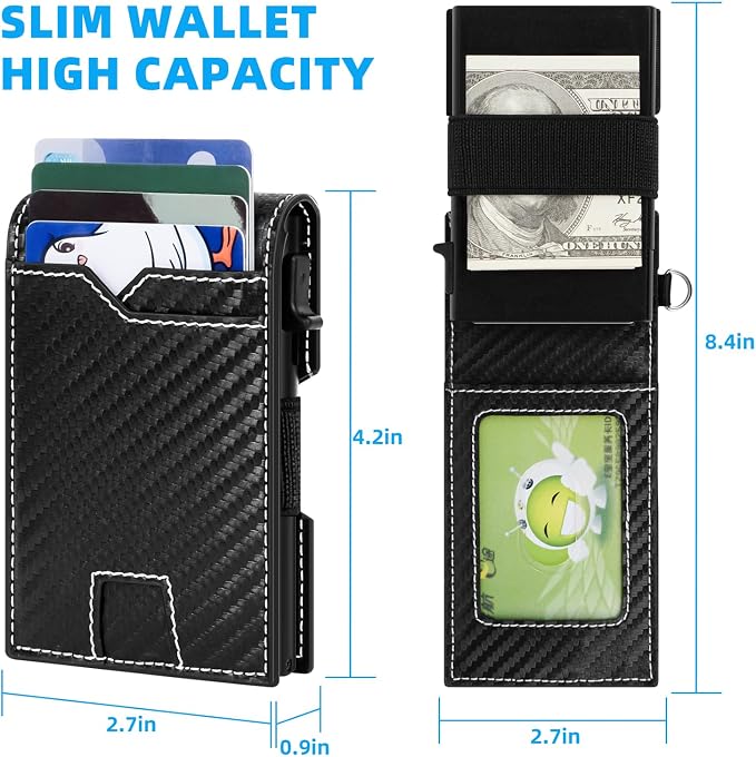 Slim Wallet for Men, Smart Wallet with RFID Blocking - Men's Wallet Minimalist Passport Credit Cards Holder Pop-up Aluminum Wallet Holder, Carbon Fiber Leather Wallet 10 Cards Capacitiy