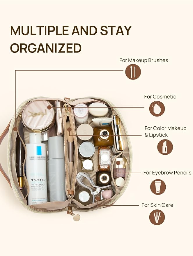 Telena Leather Make Up Bag Portable Travel Makeup Bag Waterproof Cosmetic Bags for Women Large Capacity With Handle and Divider Open Lay Flat