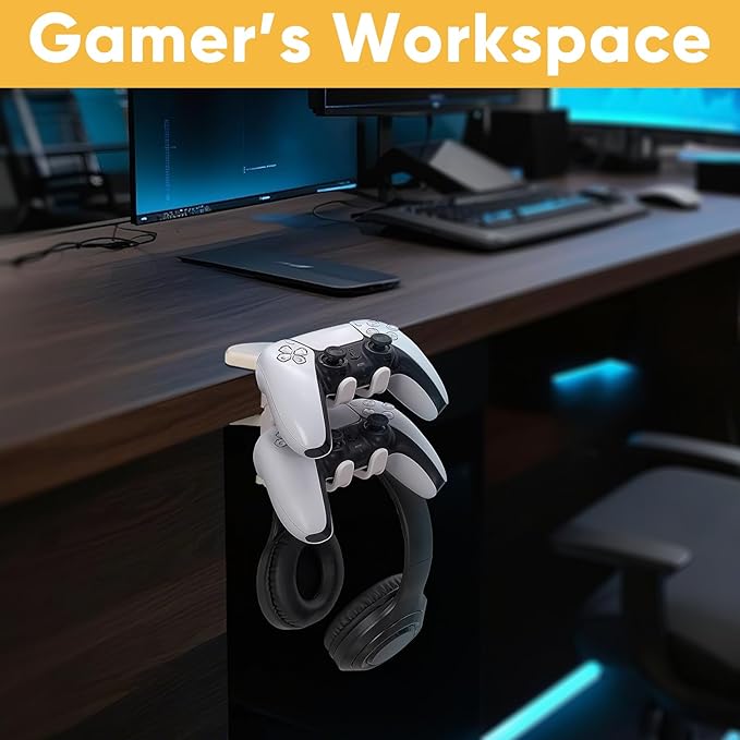 3-in-1 Under Desk Headphone Hanger with Adjustable Clamp Mount, 2 Controller Slots & 1 Headset Universal Holder Stand, Rotatable Hook Rack & Cable Organizer, for Home Gaming Xbox ps5 - White