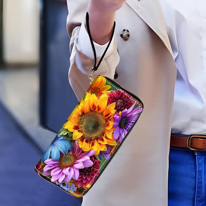 Women's Large Capacity Wallet PU Leather Zip Around Clutch Purse Multifunctional Wallet with Removable Wristlet Strap for Smart Phone/Coin/Card/Cash, Sunflowers