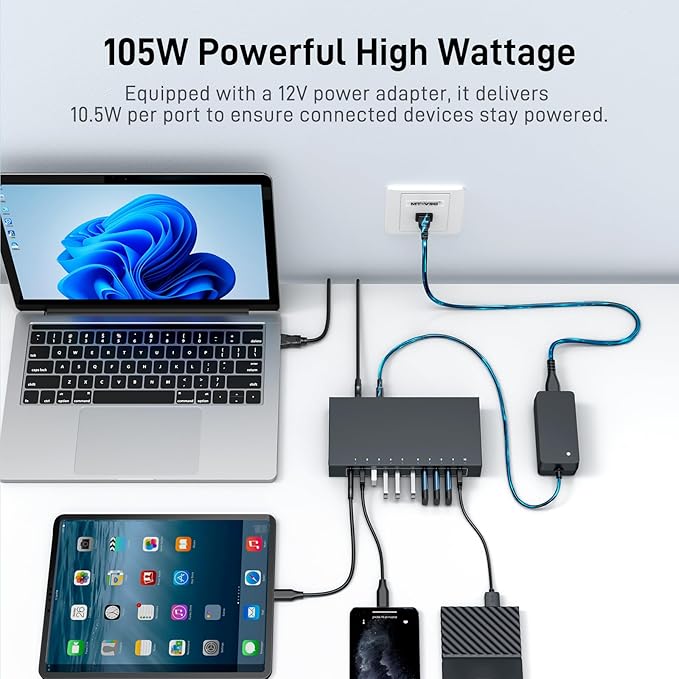 10 Port USB 3.0 Hub, Industrial Powered USB Data Hub with 12V/3A Adapter 105W Output ESD Protection, Rugged Metal Case Mountable USB Expander Splitter
