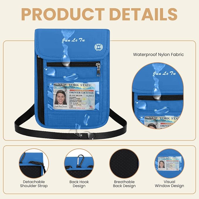 Passport Holder for Travel, RFID Passport Wallet with Visual Window Design, Multifunctional Document Organizer, Waterproof Travel Pouch Neck Wallet for Men and Women, Blue