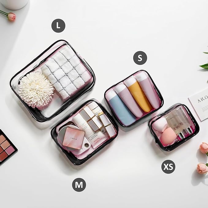 LETGO 4 Pack Clear Toiletry Bags, Portable Travel Makeup Pouch with Zipper, TSA Approved Organizer, Clear Pouch Bags Compatible With Bogg Bag Divider Accessories (Clear Black)