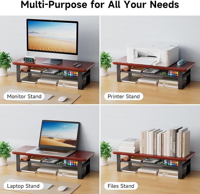 Monitor Stand Riser, 24 Inch Computer Monitor Stand for Desk, 2-Tier Wood Desk Shelf Organizer with Storage, Desktop Stand for Laptop/Screen/PC/Printer, Ergonomic Home Office Monitor Stand