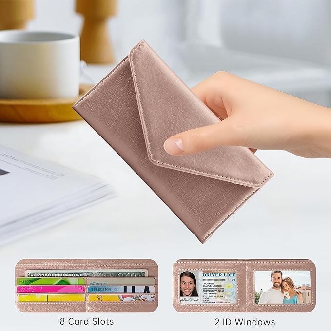 Envelope Wallets for Women Leather Credit Card Holder with RFID Blocking,2 ID Window, Zip Coin Pocket, Rose Gold
