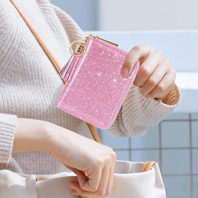 Coco Rossi Women's Small Credit Card Wallet RFID Cute Card Holder for Women with Tassel, Peach Glitter