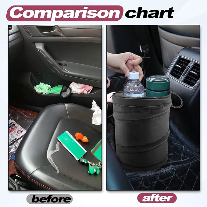 KEVWR Waterproof Oxford Cloth Collapsible Pop Up Car Trash Bag Hanging, Car Trash Can, Mini Vehicle Trash Can, Portable Car Trash Can, Rubbish Bin for Car, Truck, SUV, Minivan, 1 Pack Black