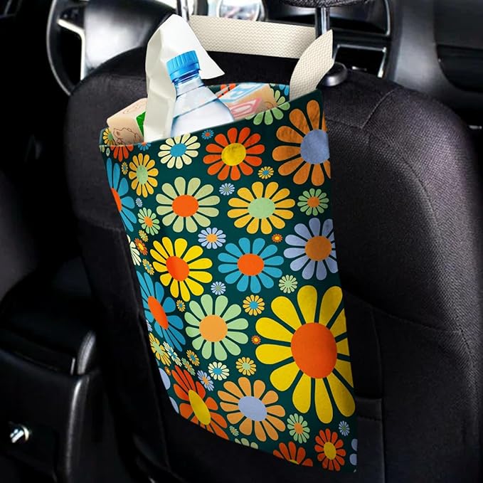 Car Trash Bag Hanging No Snap Small Garbage Bag for Car Back Seat Cute Printed One-handed Strap Trash Bags Car Accessories-Hippie Flower Car Trash Bags