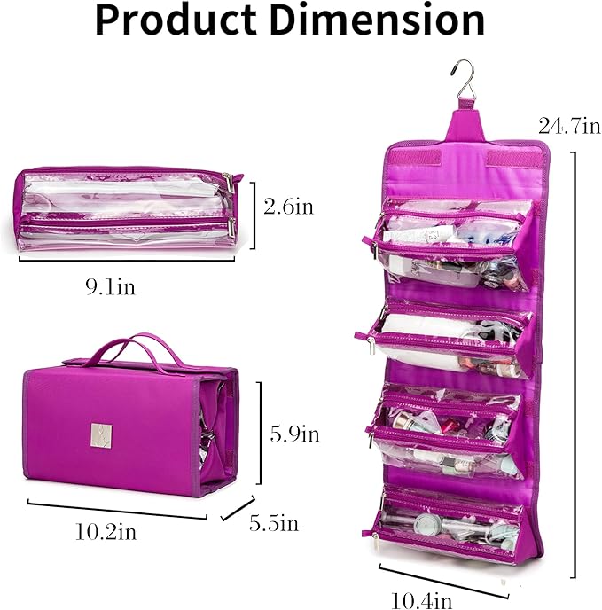 ROYALFAIR Roll Up Makeup Bag, Travel Toiletry Bag for Women with 4 Clear TSA Approved Pouches, Hanging Travel Organizer, Folding Cosmetic Bag for Men and Women