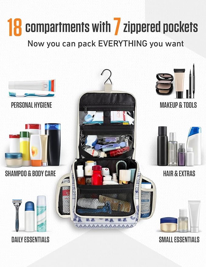 VENTURE 4TH Hanging Travel Toiletry Bag for Women & Men – Large Toiletry Organizer with 17 Compartments, Removable TSA Pouch, Travel Wash Bag for Toiletries, Makeup & Shaving Kit (Blue Elephant)