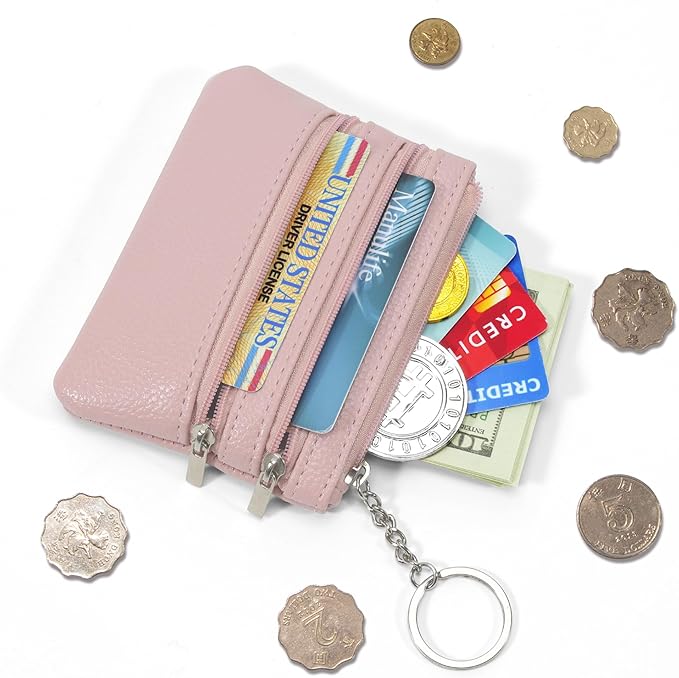 Chelmon 2 Pack Coin Purse Pouch Change Card Holder Small Wallet with Keychain for Women and Men (Pink & Pink)