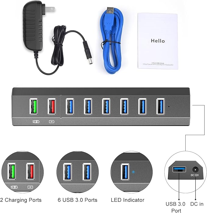 RAOYI Powered USB 3.0 Hub, 8 Ports High Speed USB 3.0 Hub Splitter with 36W Power Adapter, 3.3ft Cable and Smart Fast Charger USB Hub for Laptop, PC, Mobile HDD, Mulitple Devices (Gray)