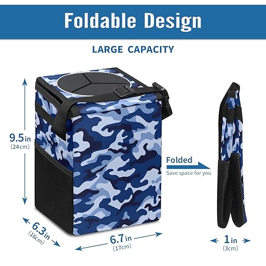 Car Trash Can Blue Geo Camo Camouflage Wate-rproof Auto Garbage Bag Car Trash Can with Lid Leak-Proof Car Storage Bag Hanging for Headrest Collapsible and Portable with Storage Mesh Pocket