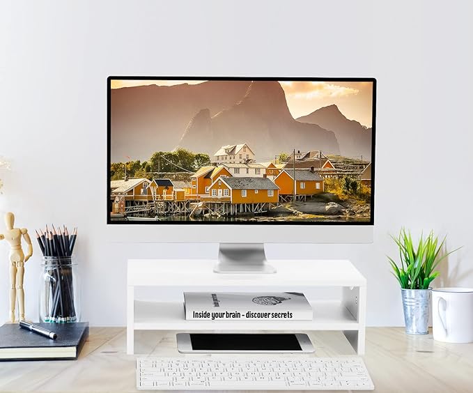 Monitor Stand Riser, 2-Tier Wood Computer Monitor Riser with Storage, Computer Screen Desk Shelf for Monitor, Laptop, PC, iMac, TV & Printer (White)