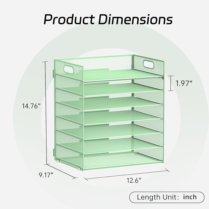 7 Tier Paper Organizer - Mesh Desktop File Holder with Handles for Office School Desk, Black (Mint green)